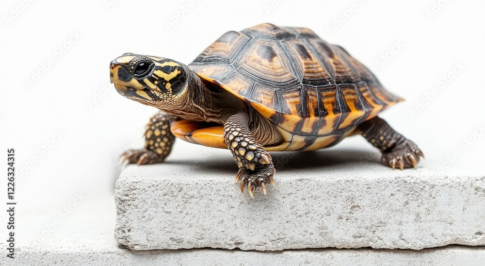 Naklejka premium Close-Up Image of a Colorful Tortoise on Concrete Against a Plain Background, Showcasing Shell Patterns and Unique Features of the Reptile