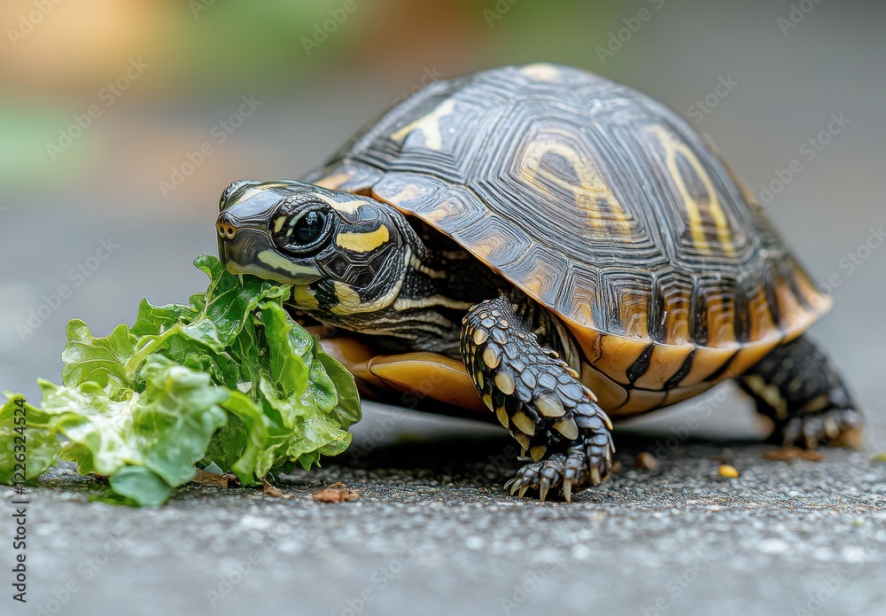 Fototapeta premium Close-up of a Beautiful Tortoise Eating Lettuce on a Natural Background in Soft Focus with Vibrant Colors and Detailed Shell Patterns Captured in Daylight