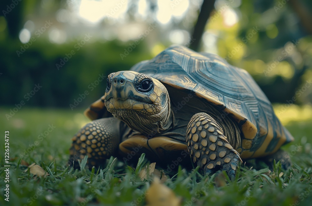 Close-Up of a Beautiful Turtle Exploring a Lush Green Garden Under Soft Sunlight in a Peaceful Natural Setting Close-Up of a Beautiful Turtle Exploring a Lush Green Garden Under Soft Sunlight in a Peaceful Natural Setting
