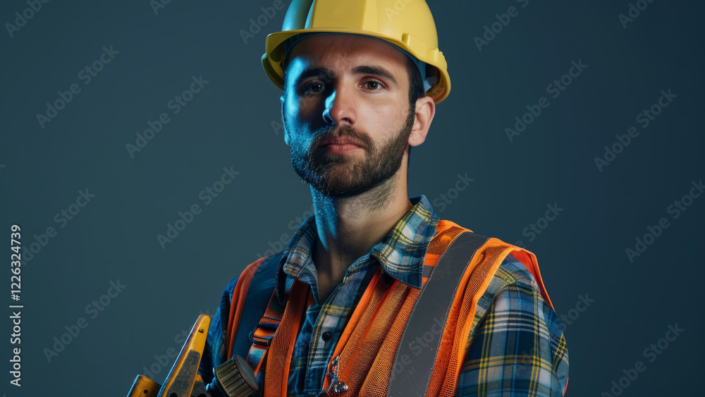 Fototapeta premium Portrait Of A Construction Worker With Tools And Protective Gear