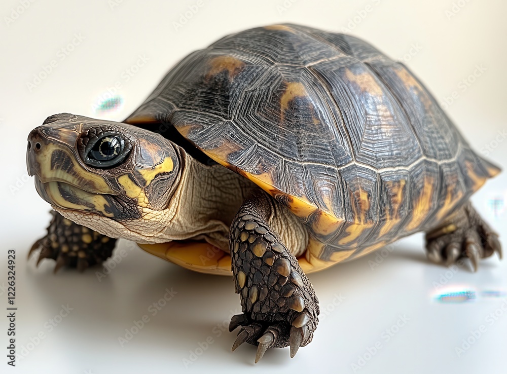 Obraz premium Close-Up of a Beautiful Turtle with Intricate Shell Patterns and Bright Colors on a Neutral Background, Perfect for Nature and Wildlife Enthusiasts