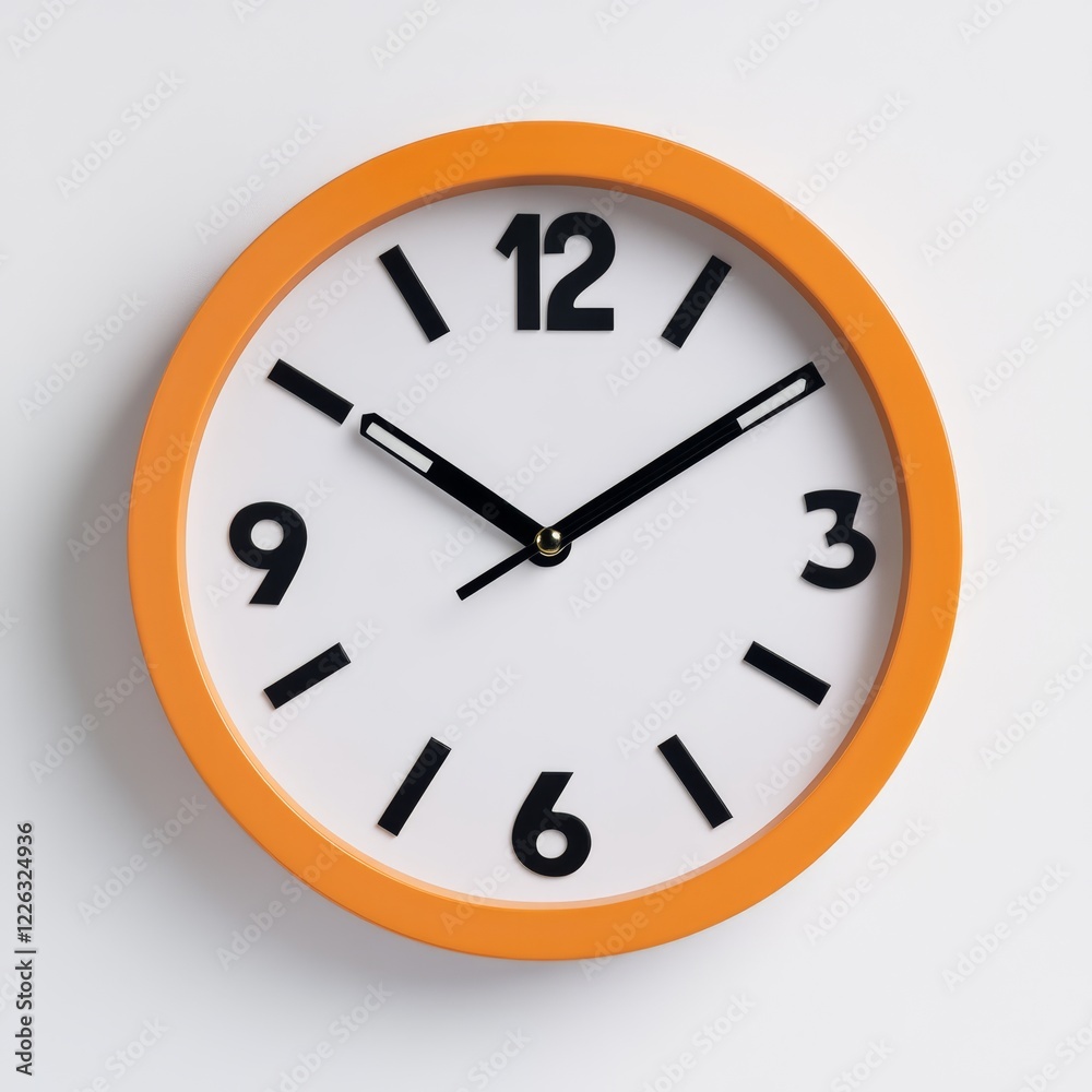 Orange round wall clock showing the time. Orange round wall clock showing the time.