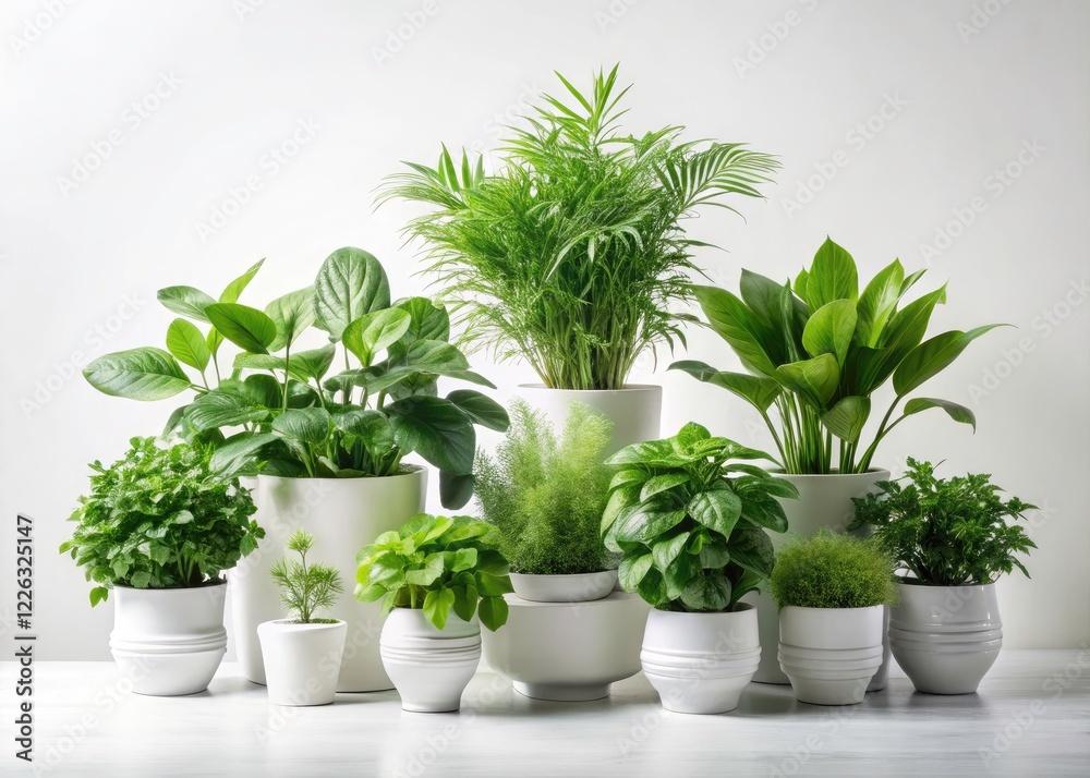 Fototapeta premium Minimalist Green Plants White Background Photography - Studio Shot, Botanical Still Life, Houseplants, Greenery