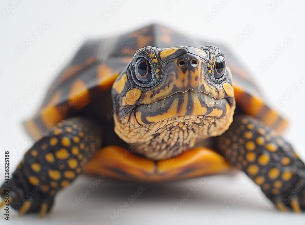 Obraz premium Close-Up of a Colorful Tortoise with Distinctive Patterns and Textures Captured Against a Soft White Background for Nature and Wildlife Themes