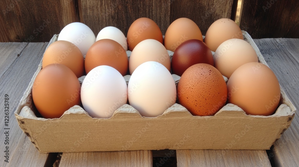 Fresh assortment of egg in a cardboard carton on a rustic wooden surface, showcasing variety Fresh assortment of egg in a cardboard carton on a rustic wooden surface, showcasing variety