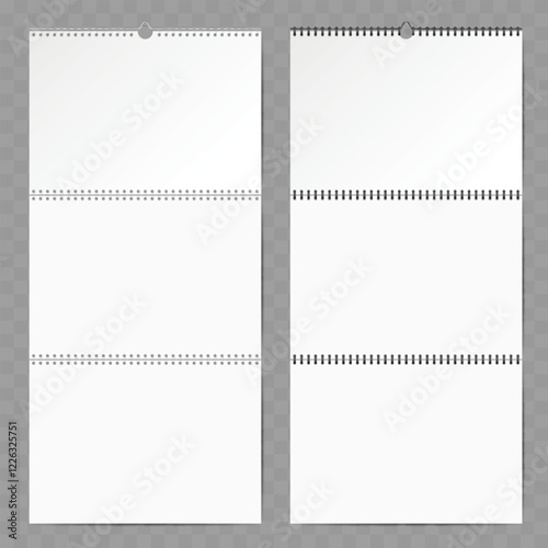 Blank Wall Calendar Mockup with Spiral Binding on Transparent Background Vector