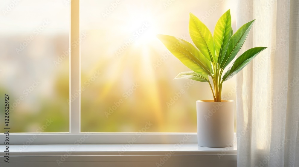 Sunlight streaming through a window illuminating a potted plant on a windowsill in a serene setting Sunlight streaming through a window illuminating a potted plant on a windowsill in a serene setting
