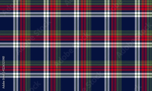 Seamless plaid pattern, navy blue, red, green and white, contrasting perfectly, creating a classic and modern feel, for textiles and clothing design. Vector illustration.