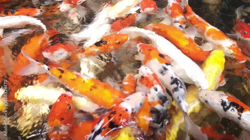 A bustling view of many colorful koi fish or Japanese koi carp as they swim together in a pond. Koi finding for food. A bustling view of many colorful koi fish or Japanese koi carp as they swim together in a pond. Koi finding for food.