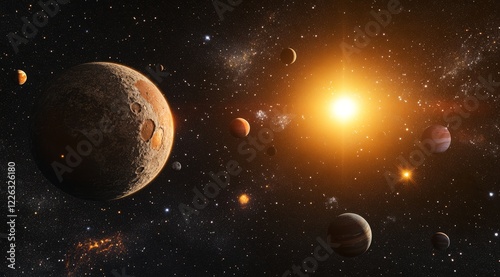 Exoplanetary system with a bright star and multiple planets orbiting. photo