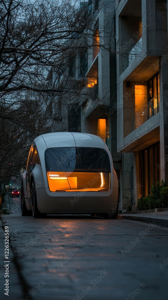Fototapeta premium Futuristic Electric Car in Smart City Autonomous Vehicle Night Scene