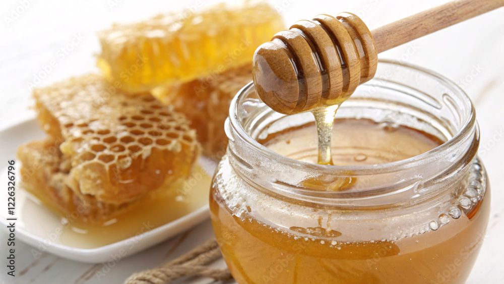 Fresh Golden Honey Dripping from a Wooden Dipper into a Glass Jar with Honeycomb in the Background