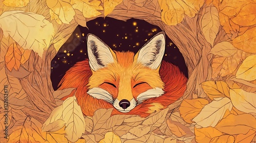 Autumn Dreams: A Sleeping Fox in a Cozy Leaf-Lined Hollow