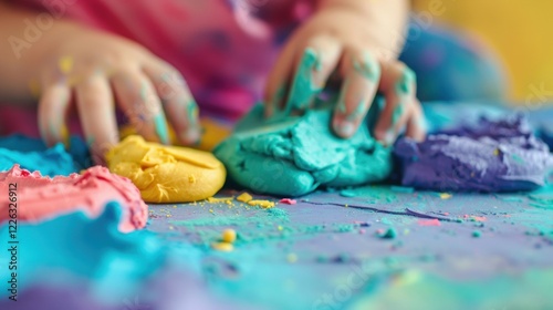 A young child actively molds vibrant pieces of modeling clay, exploring colors and textures in a fun, engaging atmosphere at home