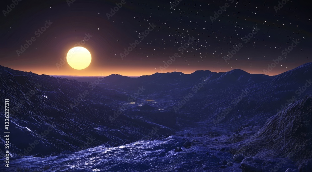 Naklejka premium Sunset over a dark, mountainous landscape with stars.