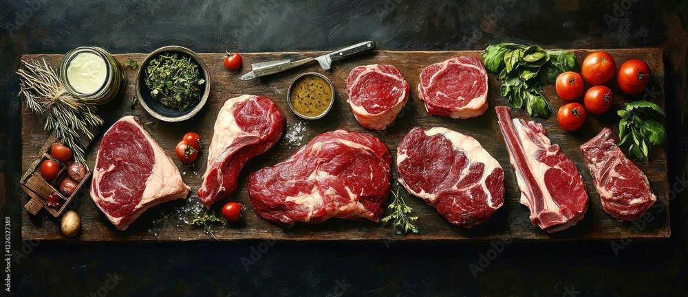 Fototapeta premium Raw Beef Steaks for Grilling Preparation with Seasoning and Butcher Utensils on Rustic Table
