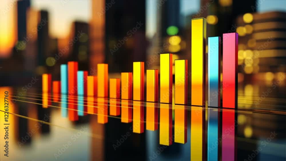 Colorful bar graph reflecting data visualization trends in modern cityscape at sunset, showcasing growth, progress, and vibrant statistics for impactful insights.