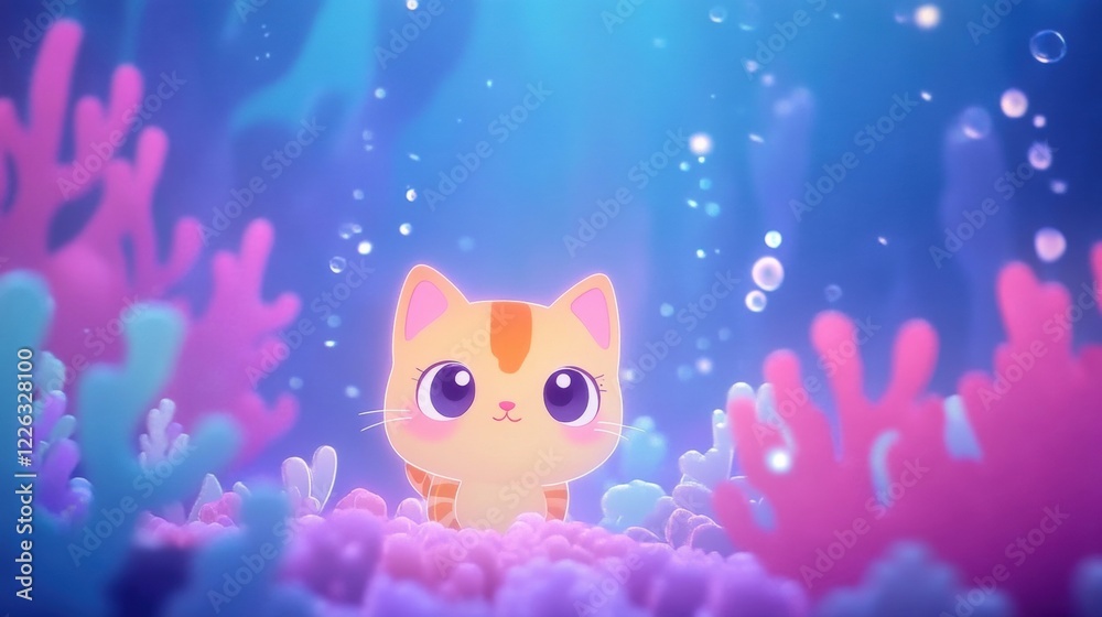 A colorful cartoon clownfish swims playfully in a vibrant coral reef, accompanied by a cute kitten in an underwater world filled with bubbles A colorful cartoon clownfish swims playfully in a vibrant coral reef, accompanied by a cute kitten in an underwater world filled with bubbles