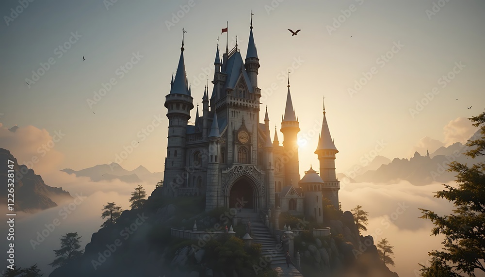 Fototapeta premium Majestic Castle Sunrise Fantasy Art Landscape Wallpaper