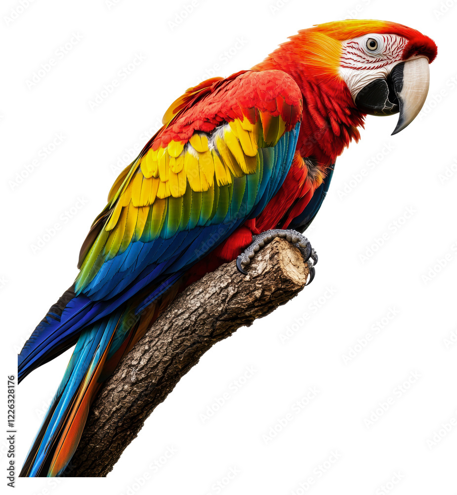 Colorful parrot resting on a branch in nature isolated on transparent background Colorful parrot resting on a branch in nature isolated on transparent background