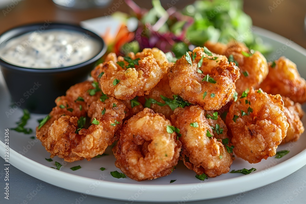 Golden brown fried calamari rings served with tartar sauce, styled on a clean white plate Golden brown fried calamari rings served with tartar sauce, styled on a clean white plate
