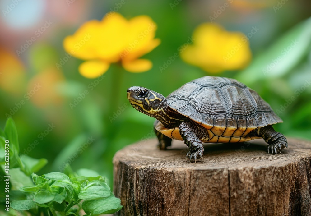 Obraz premium Close-Up of a Slider Turtle Resting on a Wooden Stump Surrounded by Colorful Flowers and Lush Greenery in a Vibrant Nature Setting