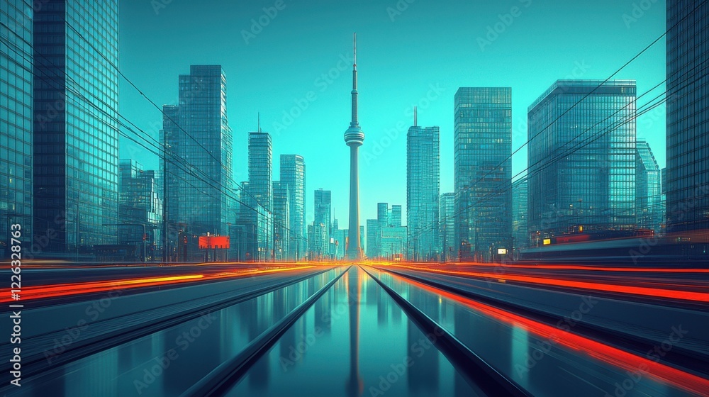 Fototapeta premium A cityscape powered by renewable energy sources, with innovative technologies driving the transition to net zero emissions, symbolizing a sustainable and eco-friendly future