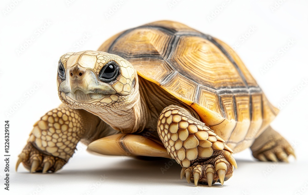 Naklejka premium Close-up of a Tortoise on White Background, Capturing Unique Texture and Pattern of Shell, and Expressive Features of Calm Reptile, Perfect for Nature Themes