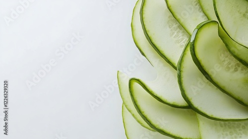 Refreshing Cucumber Slices: A Close-Up of Thinly Sliced Cucumbers on a White Background