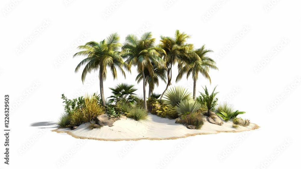 Tropical Island Oasis Surrounded by Lush Greenery and Palm Trees Tropical Island Oasis Surrounded by Lush Greenery and Palm Trees