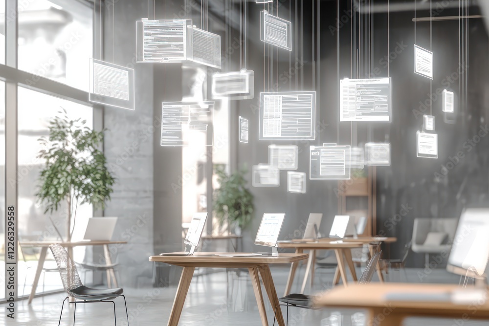 Fototapeta premium Coworking area utilizes holographic AI for generating document templates.