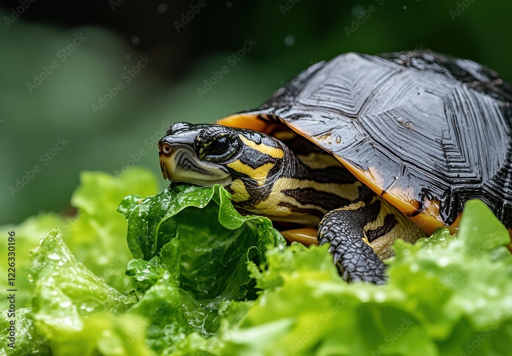 Fototapeta premium Close-Up of a Vibrant Turtle Eating Fresh Green Lettuce with Water Droplets on Its Shell in a Nature-Inspired Background