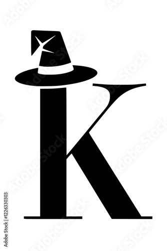 Letter K with Witch Hat Silhouette, Black silhouette of the letter K wearing a witch's hat, symbolizing Halloween, magic, and spooky themes on a white background.  
  
