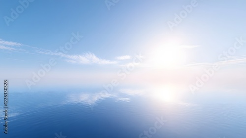 Fototapeta Naklejka Na Ścianę i Meble -  A clear, bright morning sky over a calm, reflective lake with no clouds in sight