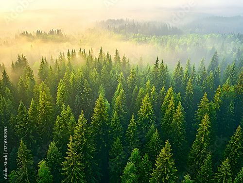 Misty sunrise over evergreen forest