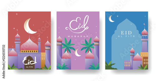 Set of modern trendy design eid mubarak poster, banner, card, islamic background