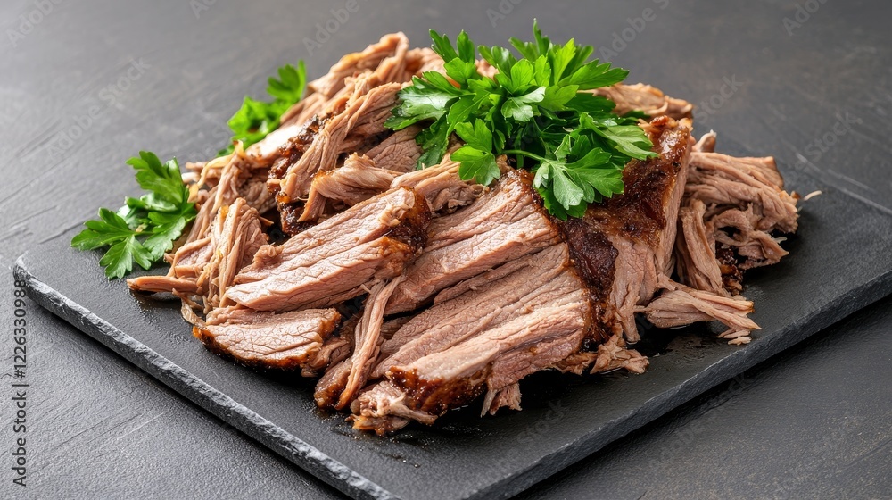 Savory shredded beef served on a dark slate platter, garnished with fresh parsley for a delicious meal Savory shredded beef served on a dark slate platter, garnished with fresh parsley for a delicious meal