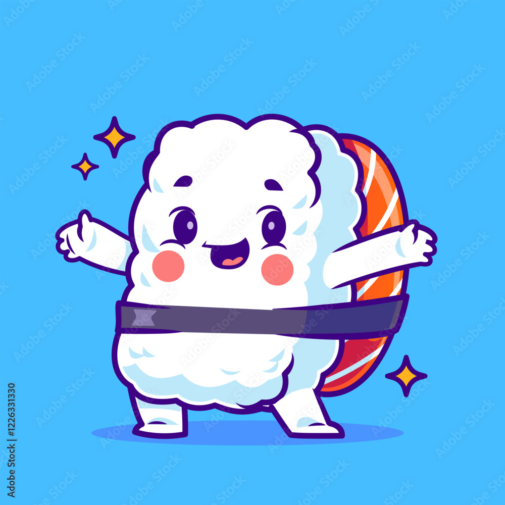 Cheerful sushi roll wearing black belt, sparkling joyfully, vector illustration. Cheerful sushi roll wearing black belt, sparkling joyfully, vector illustration.