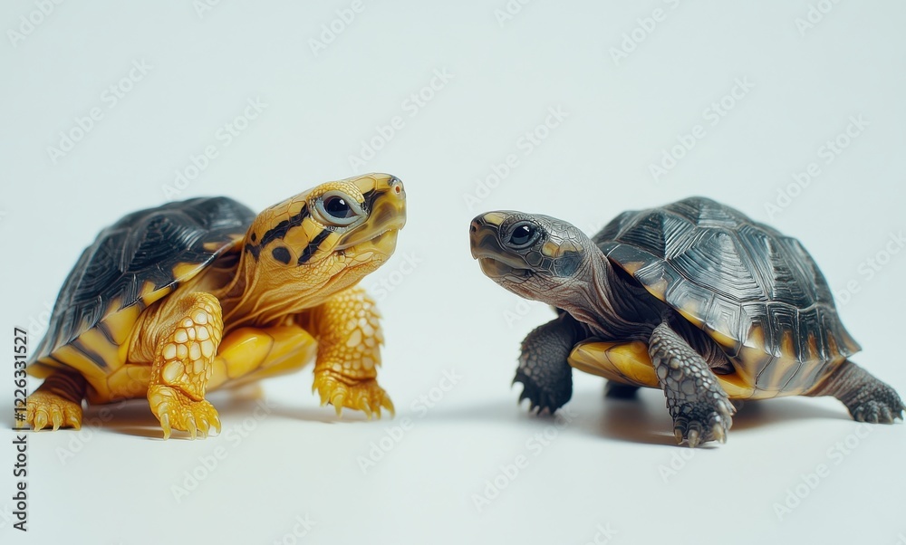 Fototapeta premium Close-up of Two Colorful Turtle Figures Displayed on a Light Background, Showcasing Distinct Patterns and Textures of Their Shells and Bodies