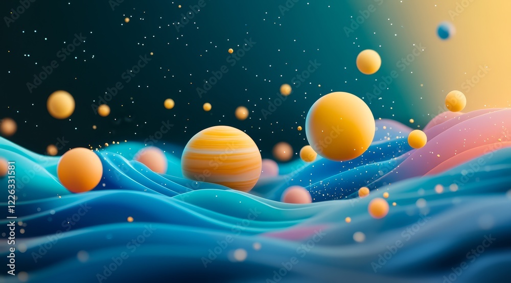 Fototapeta premium Abstract colorful spheres floating on wavy surface.