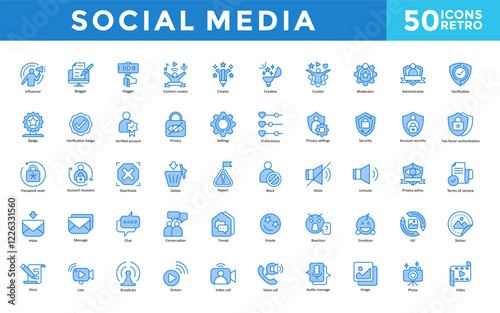 Social Media icon set with influencer, blogger, vlogger, content creator, creator, creative, curator, moderator, administrator, verification icon. Simple retro vector 
