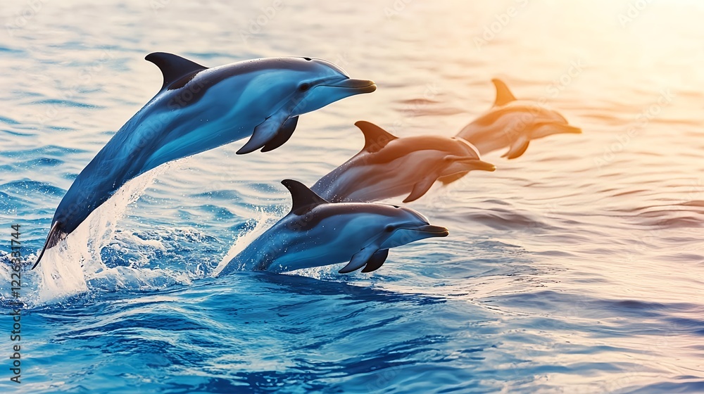 Obraz premium dolphins leaping ocean sunset wildlife - wildlife photography