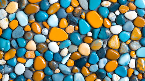 Colorful vibrant pebbles stone pattern texture in turquoise blue orange and white smooth seascape background abstract