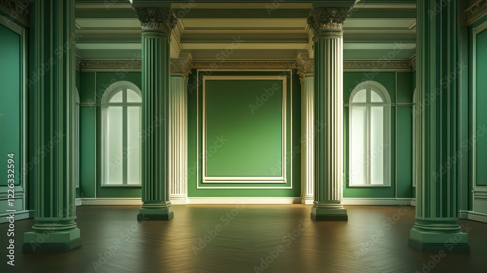 Fototapeta premium Elegant green interior with columns and a stage, suitable for events or presentations.