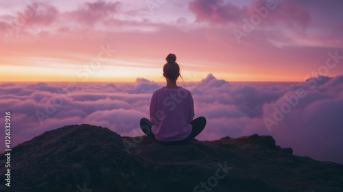 A person meditates peacefully on a mountain top, surrounded by clouds, with a breathtaking purple and pink sunset in the sky.