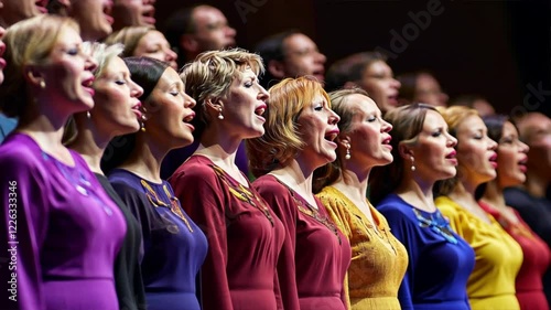 Colorful Dresses of Choir Singers Create Harmony and Emotion on Stage, Showcasing Captivating Performance with Passionate Group Expressions in Music.