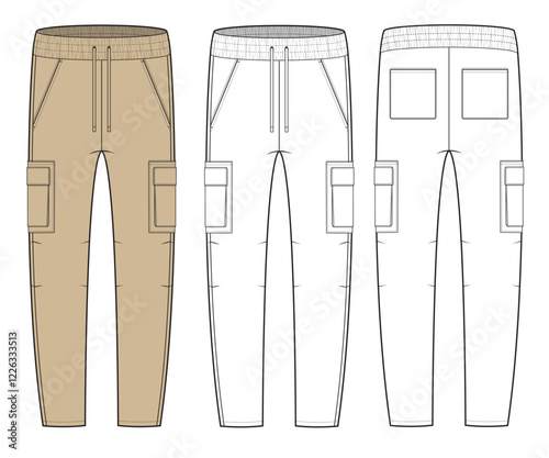 Sweatpants front and back view technical flat sketch vector mockup template.