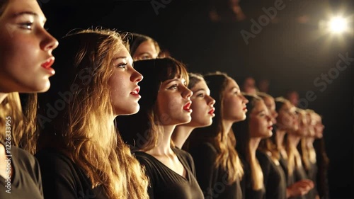 Women Singers Choir Performance on Stage Unity in Music, Expression, and Art with Dramatic Lighting and Passionate Harmony