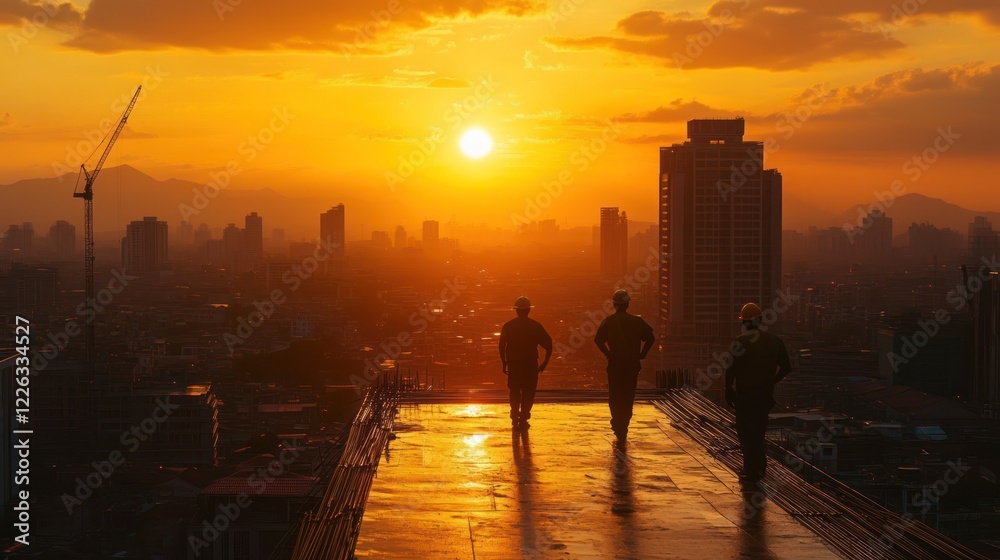 Fototapeta premium Three construction workers silhouetted against a vibrant sunset over a cityscape.
