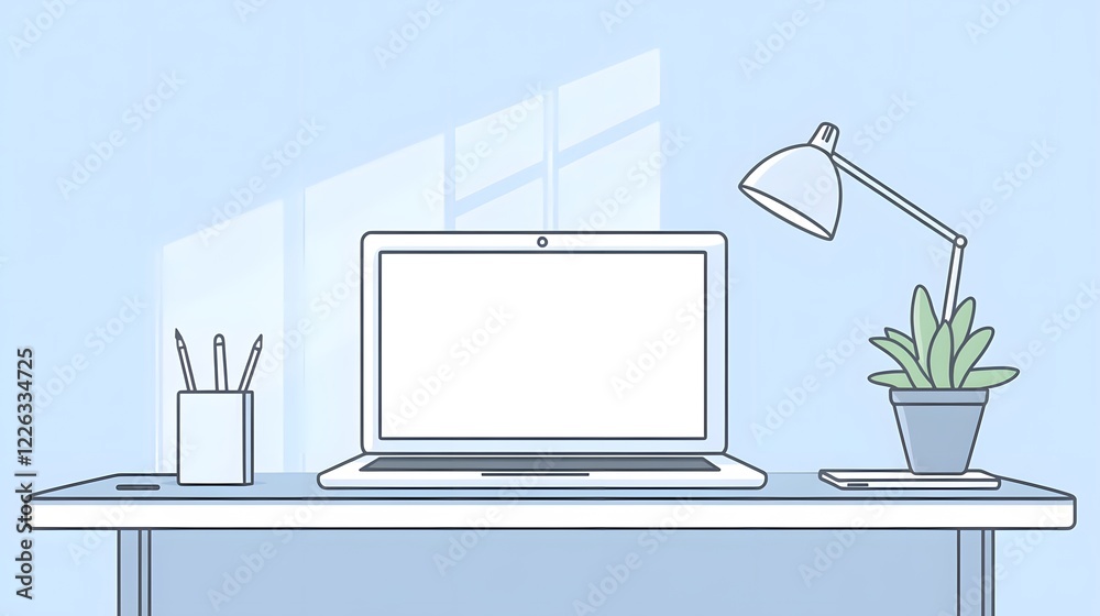 A clean, minimalist desk with a laptop, notebook, and pen in a stylish office environment A clean, minimalist desk with a laptop, notebook, and pen in a stylish office environment